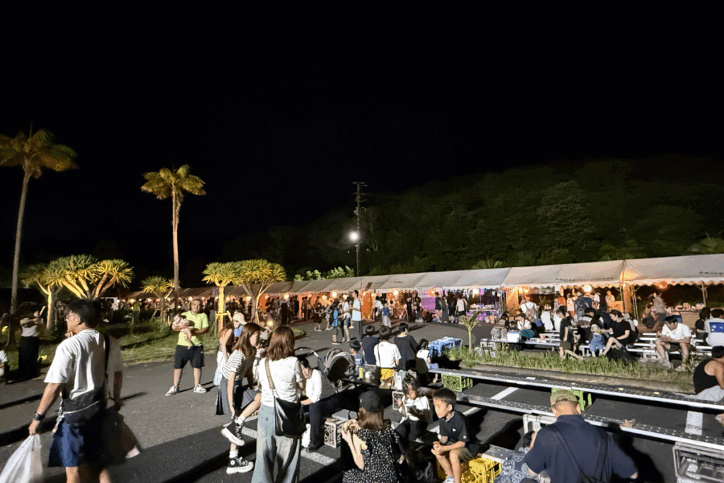 Locals and visitors dance to taiko drums under lantern-lit skies during Hachijojima’s vibrant Summer Festival at Town Hall
