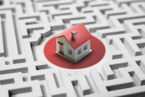 Japan's housing market represented as a red circle and house in the middle of a maze.
