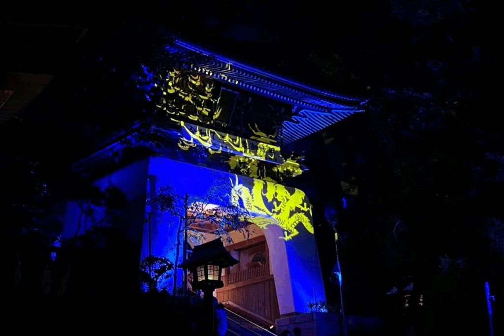 The entrance to Enoshima Shrine at night when it was lit up by beautiful lights in honor of the firework festival
