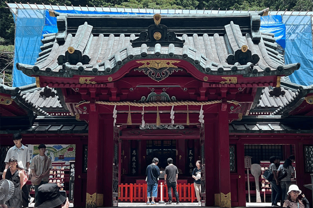The front gate of Hakone Shrine, where you can pray, purchase charms and is aligned perfectly with the Torii of Peace