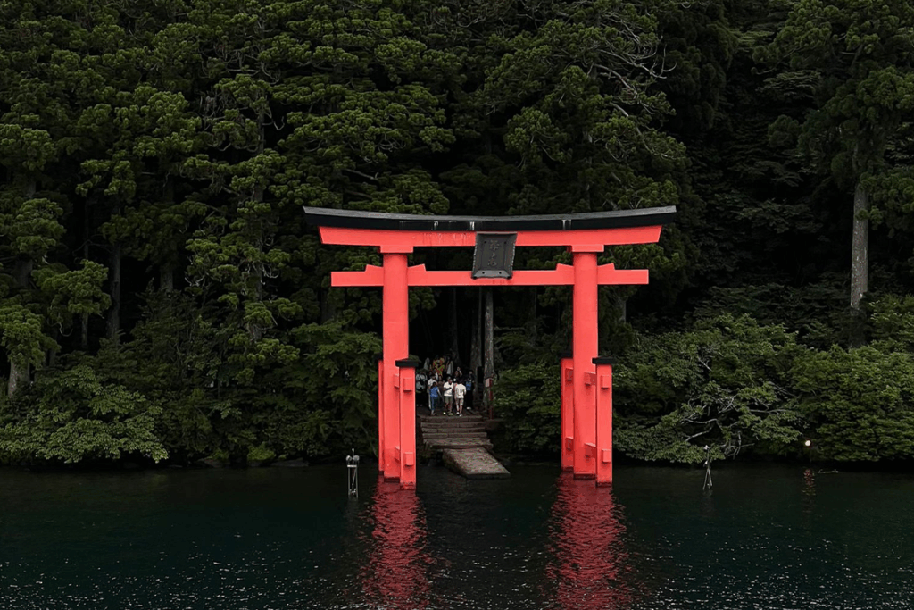 Laying on top of lake Ashi, is the Torii of Peace, a photo taken while on board a ship passing through the lake