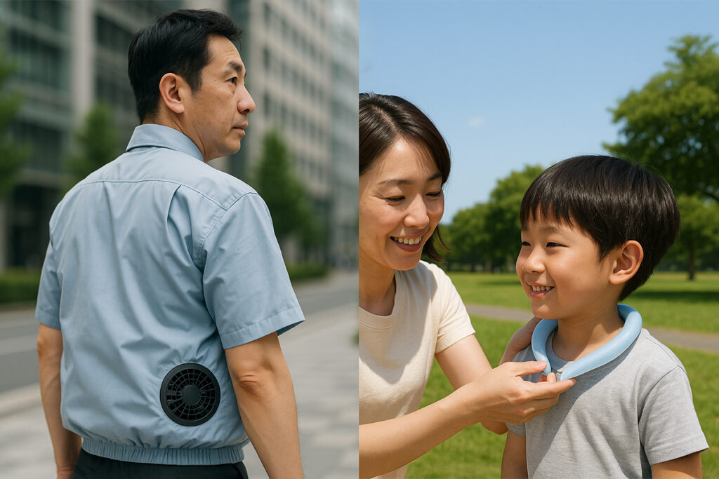 Frozen neck rings, UV protection umbrellas and clothing with built in fans are perfect ways to stay cool during hot summer days