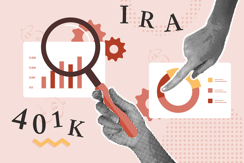 Abstract financial planning graphic with imagery of charts and IRA and 401K investment