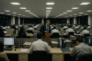 Japanese office in the evening foreigner packing up to leave