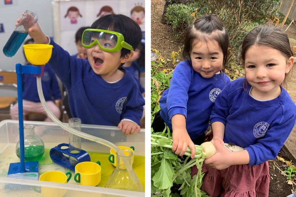 Preschool children in Tokyo exploring science experiments and nature through STEM activities.
