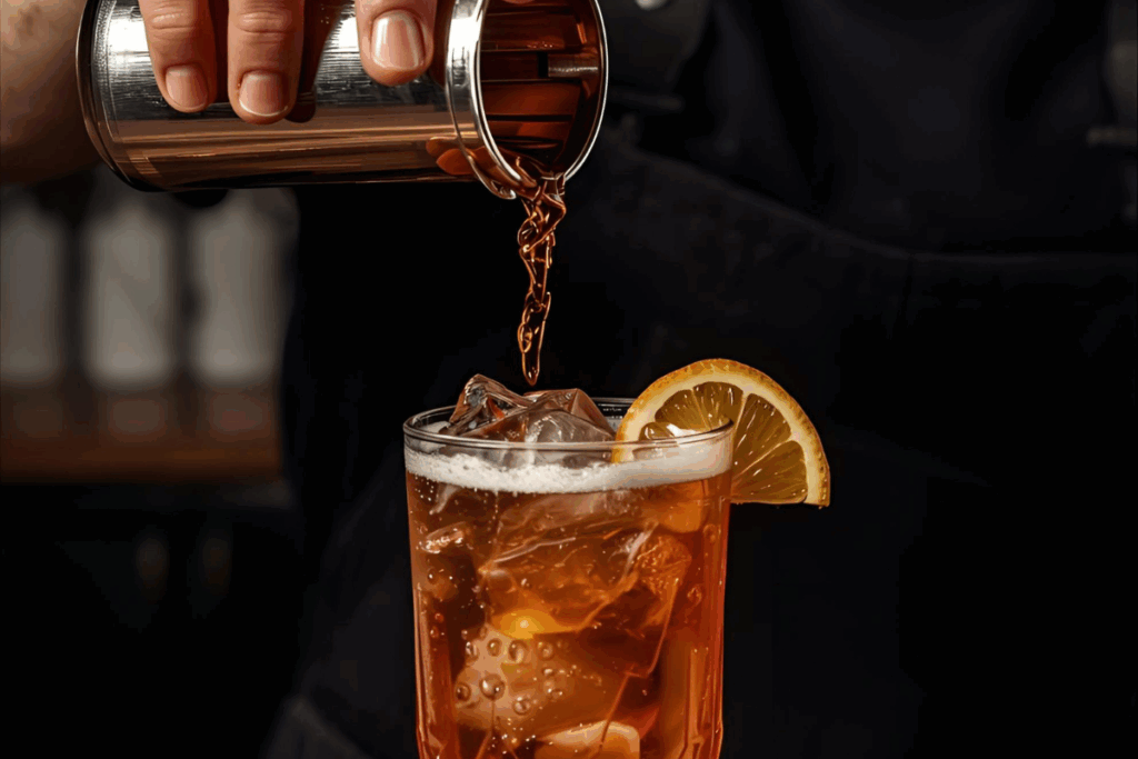 Bartender pouring a cocktail with ice and a lemon slice garnish
