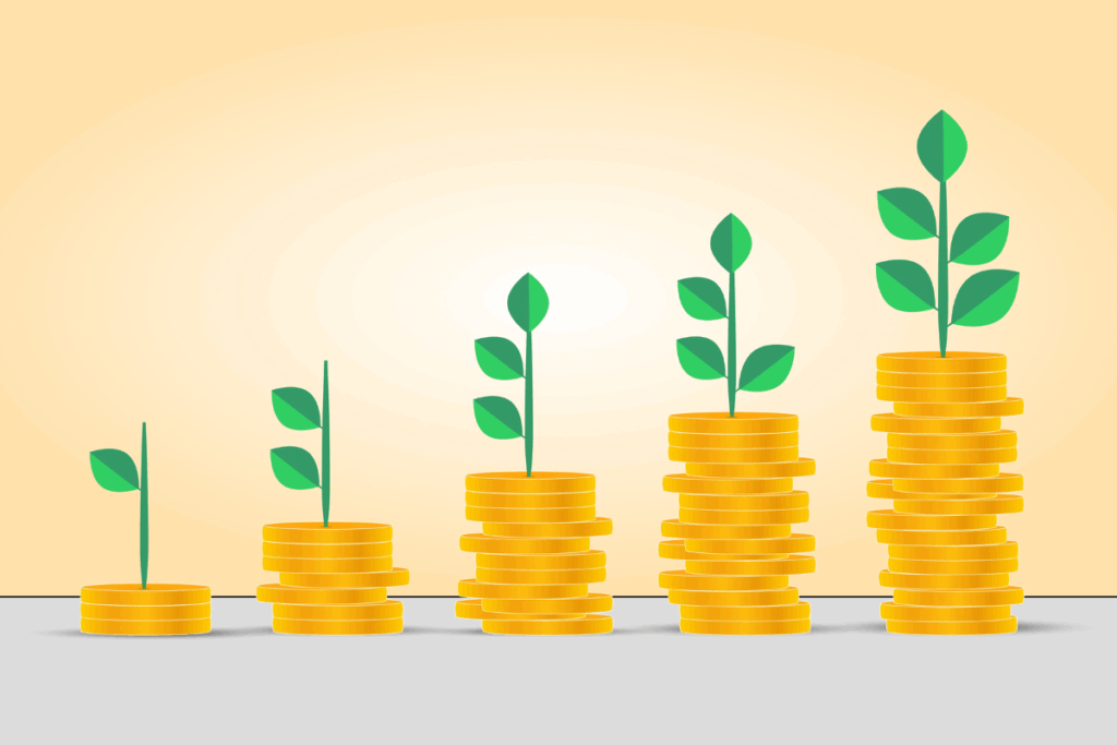 Savings and growth illustration using coins and plants