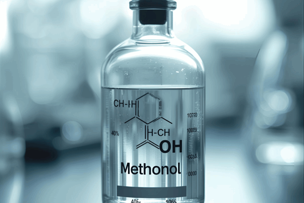A laboratory bottle labeled “Methanol,” highlighting the dangers of methanol contamination in drinks.