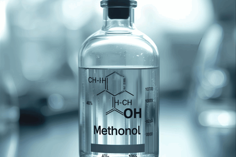 A laboratory bottle labeled “Methanol,” highlighting the dangers of methanol contamination in drinks.