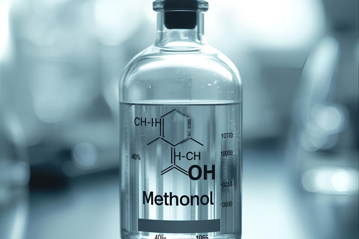 A laboratory bottle labeled “Methanol,” highlighting the dangers of methanol contamination in drinks.