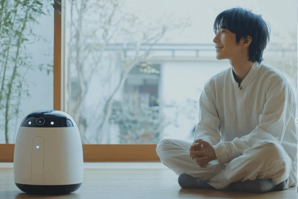 Young man sitting on the floor smiling at a small AI robot, symbolizing human-AI interaction in mental health care.