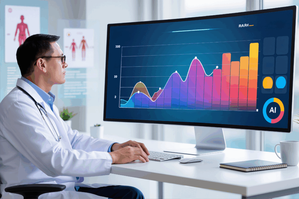 Doctor analyzing AI-generated data on a computer screen, representing the use of artificial intelligence in mental health research and treatment.