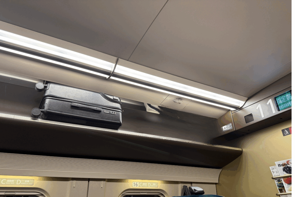 Ample overhead space in the Green Car is ideal for large bags.