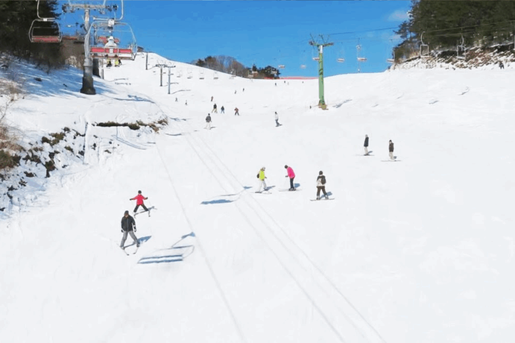 Visitors enjoying winter activities on the slopes of the Kannabe Highlands.