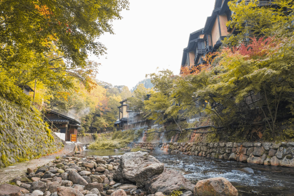 Beautiful Shuzenji Onsen scenery with the hot onsen waters and changing leaves