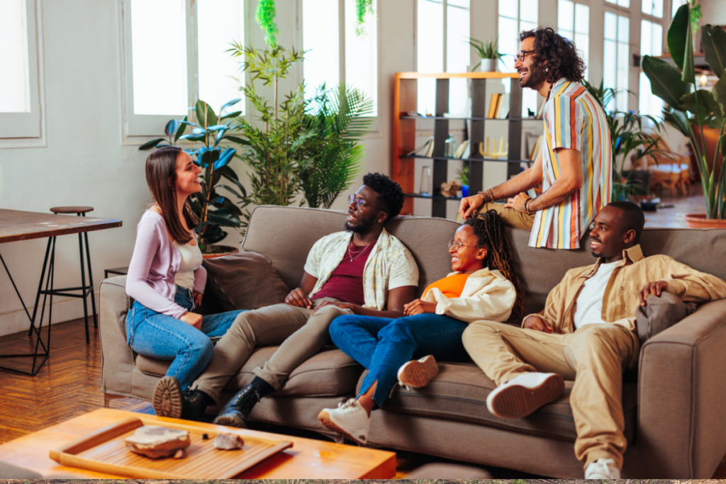 A cozy Japanese café street scene representing the idea of a community third place.
