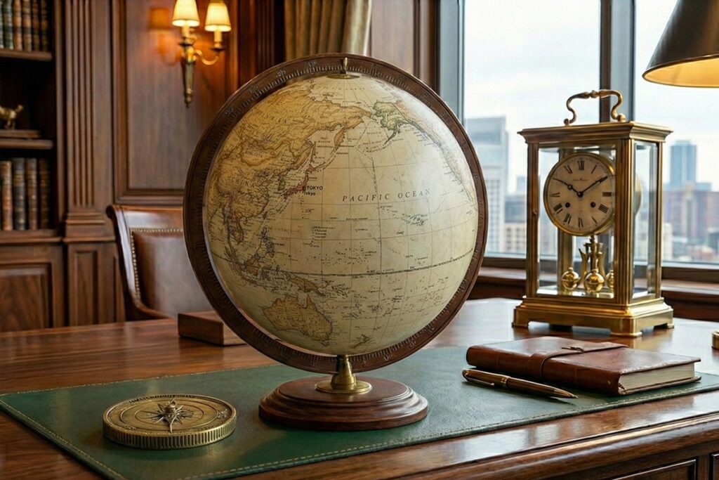 Japan vs The World: A Strategic Retirement Investment visual with a globe, clock, and cityscape