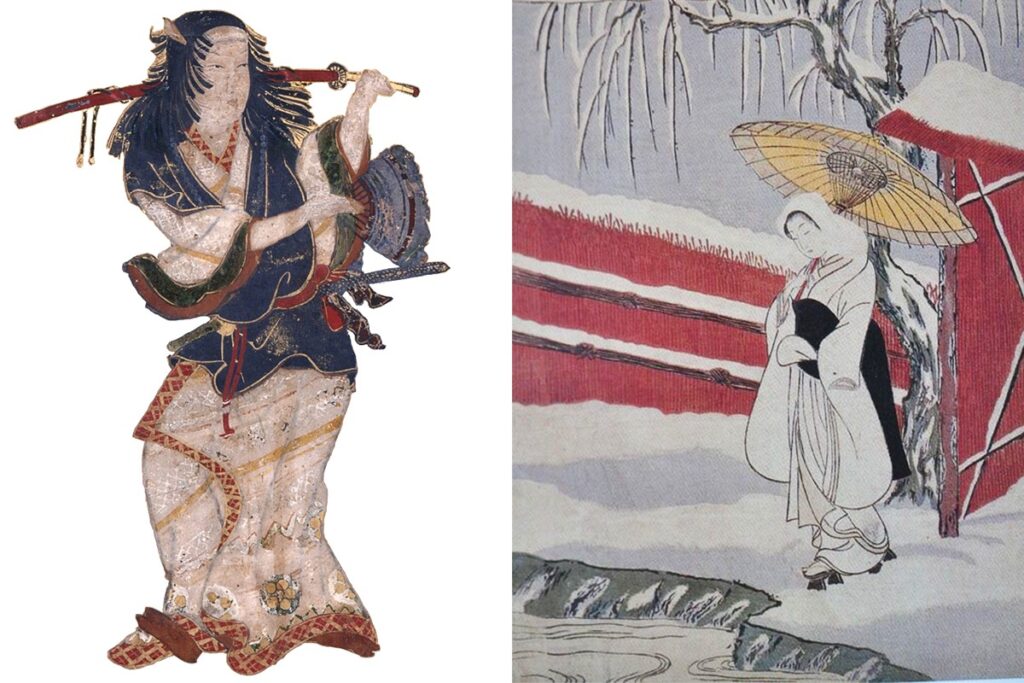 Left: Okuni Kabuki-zu Byōbu, the oldest known portrait of Izumo no Okuni Right: Young girl in the snow by Suzuki Harunobu. Chûban nishiki-e (a popular size and style of traditional Japanese woodblock print), between 1765 and 1770