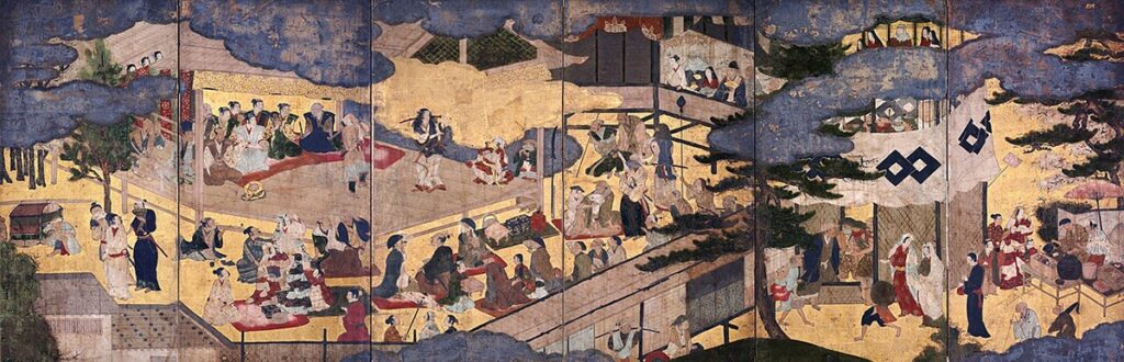Six-fold screen of Okuni Kabuki-zu Byōbu, the oldest known portrait of Izumo no Okuni. Kyoto National Museum