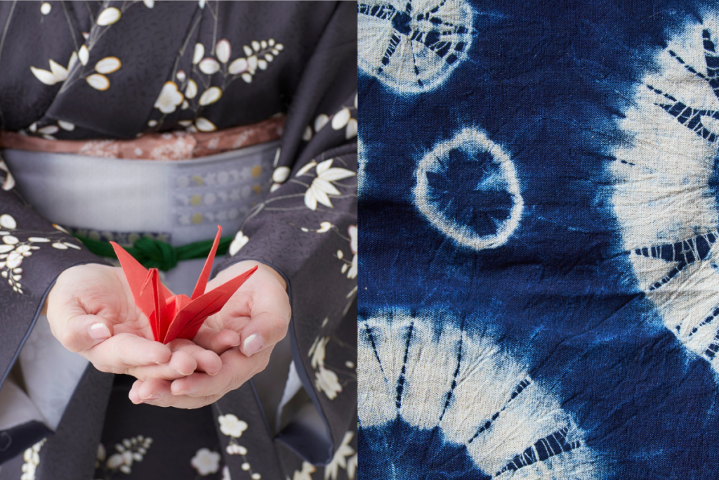 Origami and Japanese shibori in aizome (blue dye)