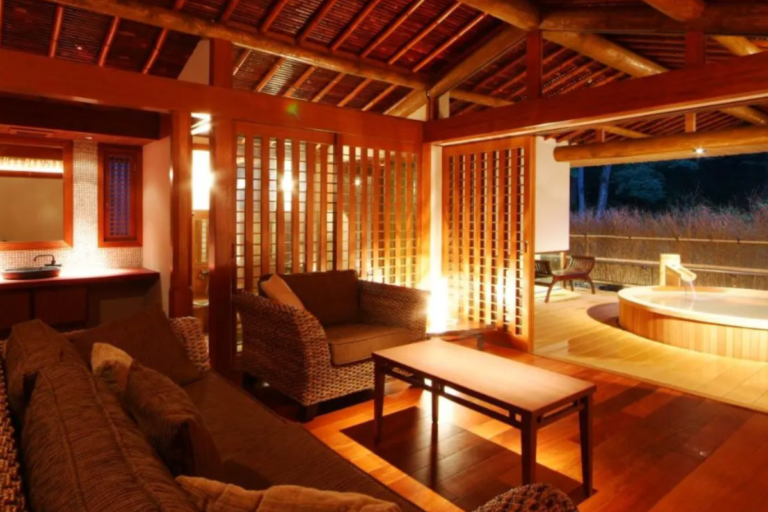 Warm private onsen room with open-air bath in Kinosaki Onsen.