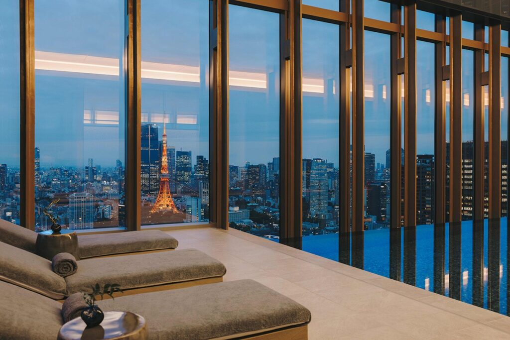 Fairmont Tokyo views of the evening Tokyo Skyline from the Indoor Infinity Pool