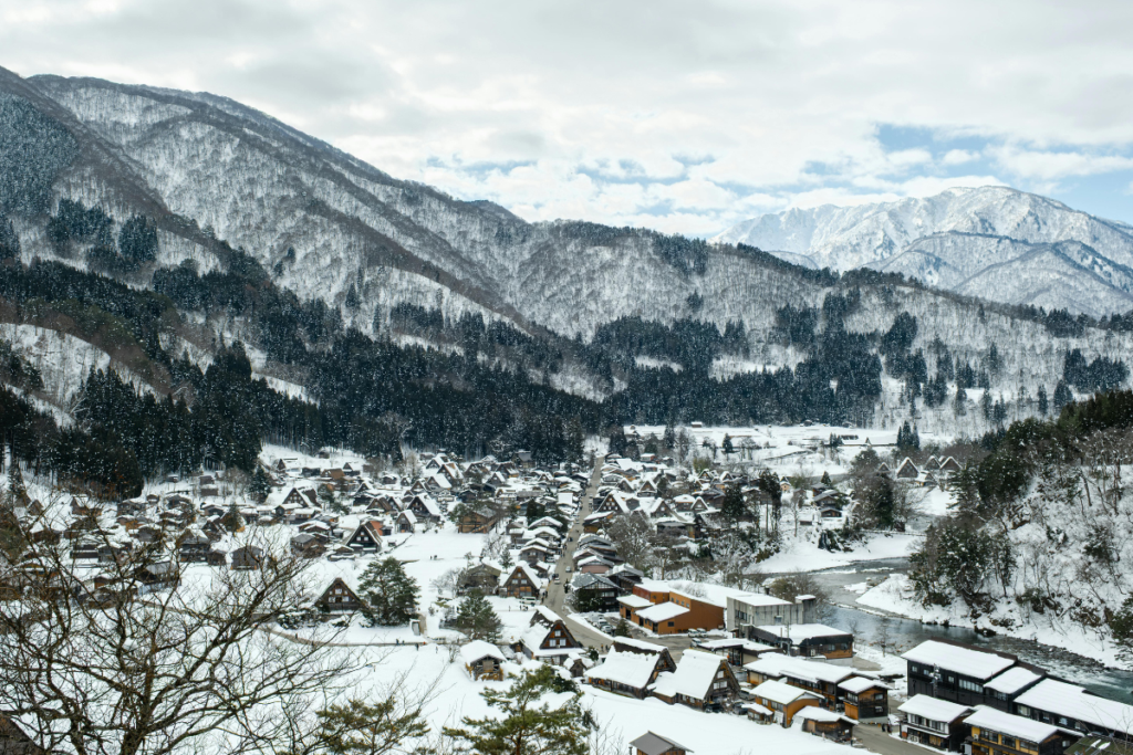 Beautiful winter destination sight of gassho-zukuri (traditional farmhouse) in Shirakawa-go, Gifu, Japan