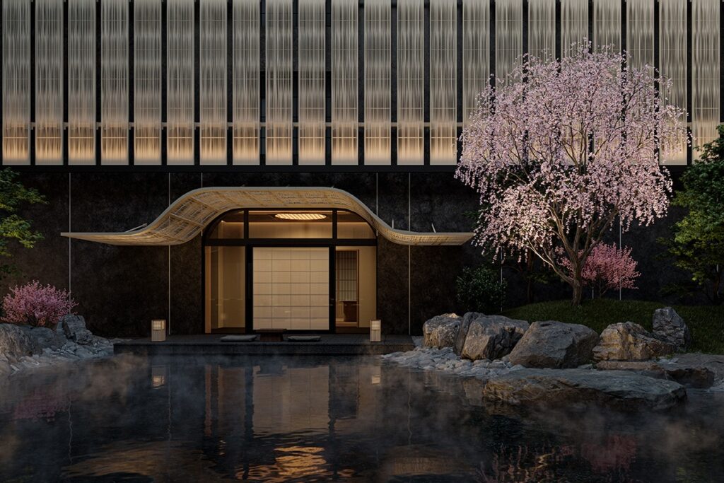 Capella Kyoto Exterior Garden lit at night