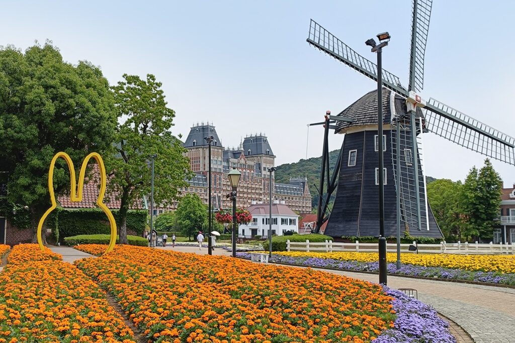 Huis Ten Bosch flower fields and a mill
