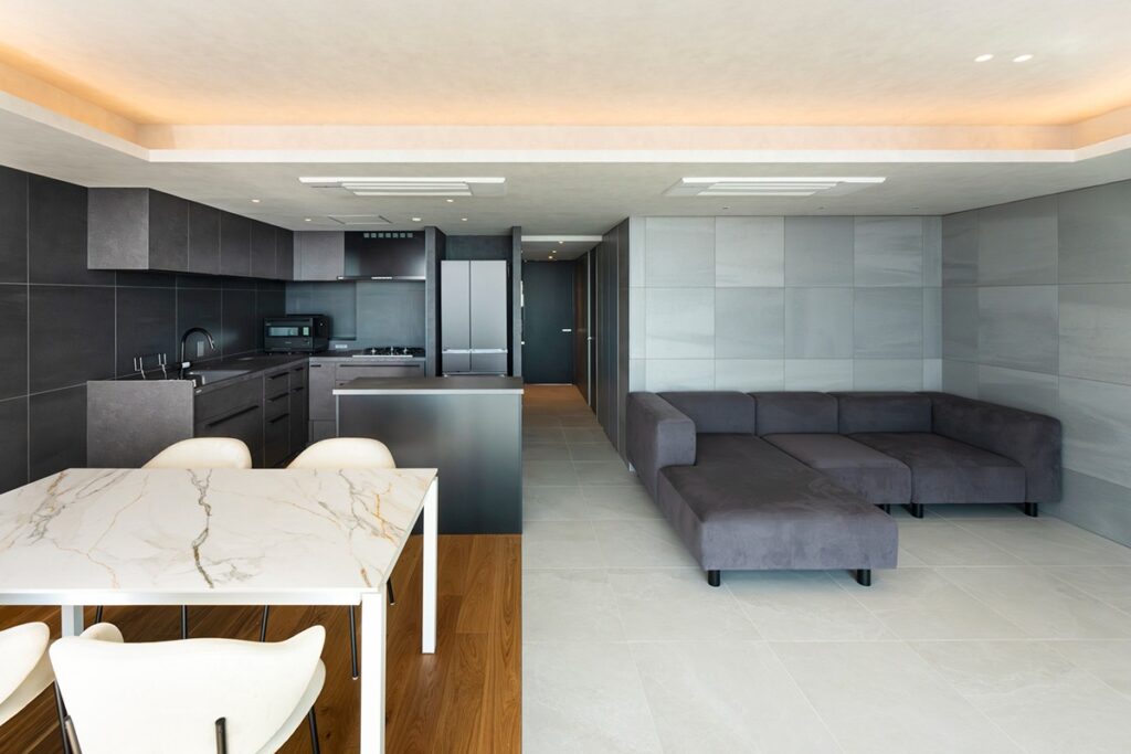 modern grey living room and kitchen