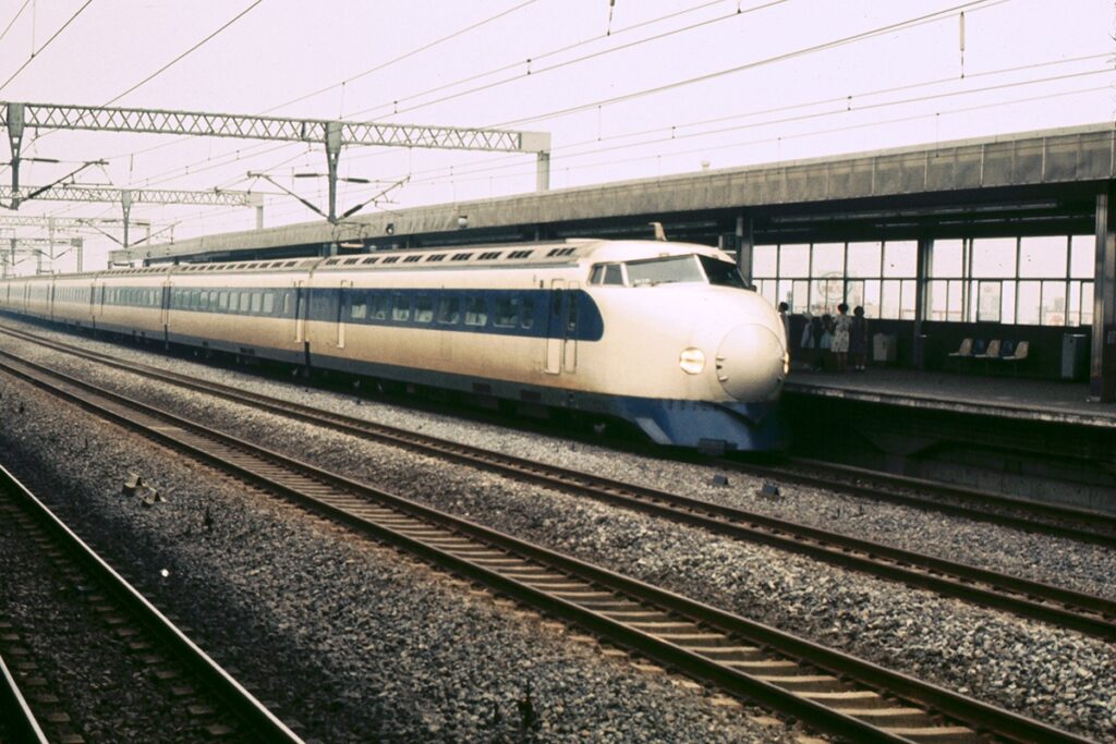 The first bullet train at Odawara Station in 1970