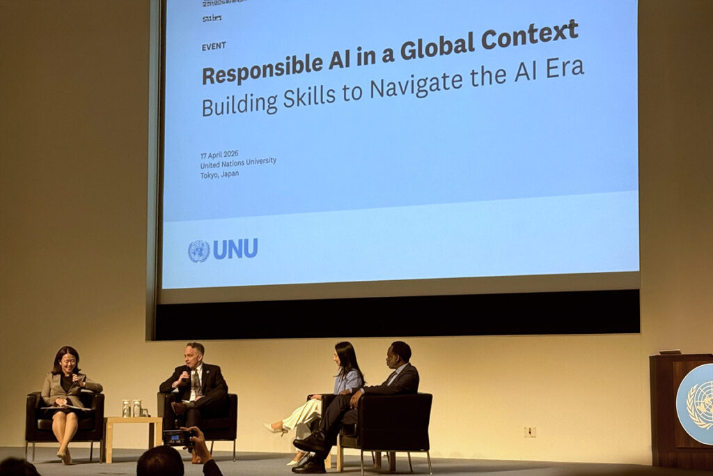 Microsoft Elevate President Justin Spelhaug, LinkedIn Japan Country Manager Wakana Tanaka and other panelists at the United Nations University (UNU) Event