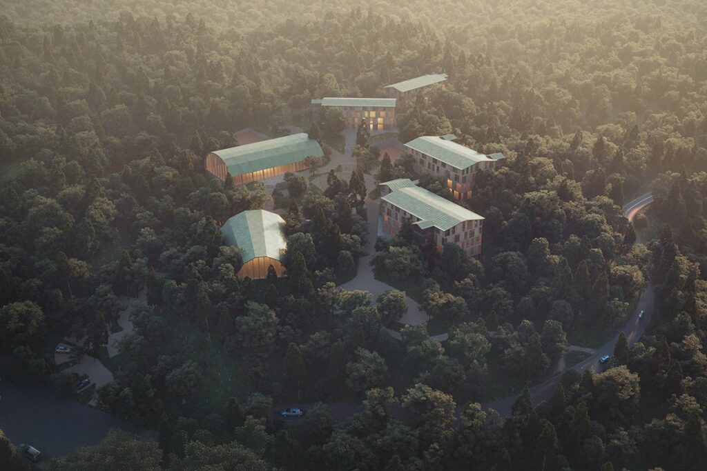 The Rokko Mountain campus buildings in a forest
