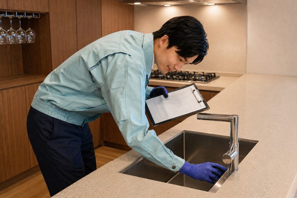 Man inspecting a sink handling real estate property maintenance and repairs