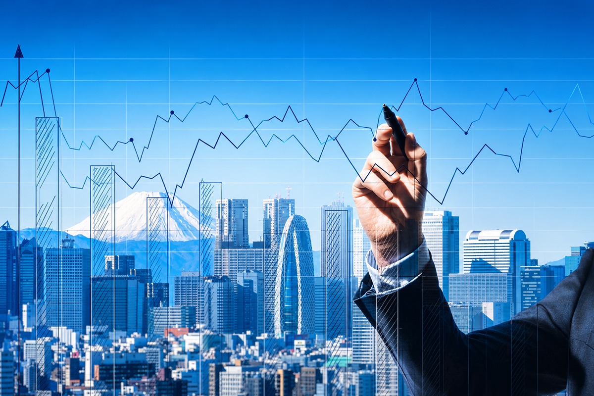 Tokyo skyline and property investment charts