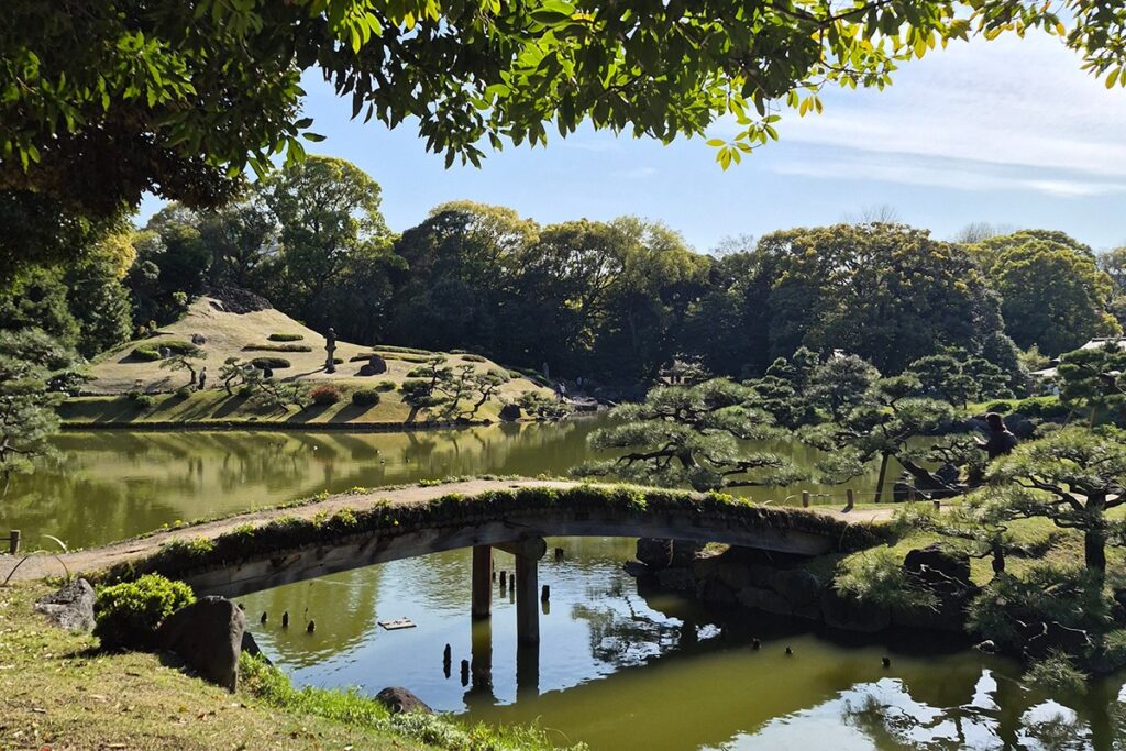 Traditional bridge, pond and nature in Kiyosumi garden