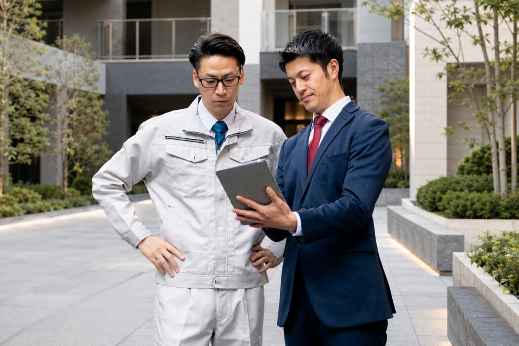Man in suit evaluating costs of property management in Japan with contractor