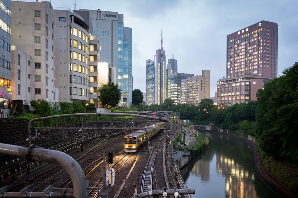 Japanese train in Ochanomizu, Tokyo at sundown