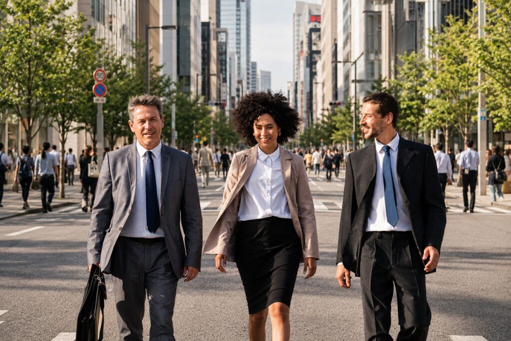 Business professionals walking through the streets of Japan