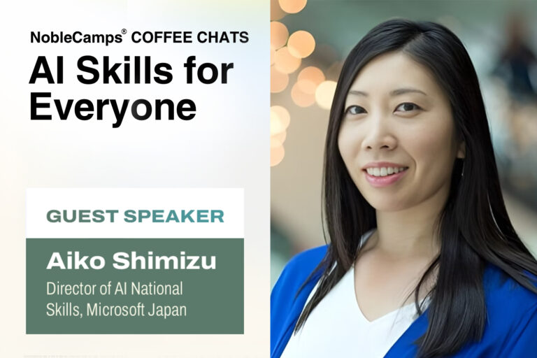 AI Skills for Everyone Coffee Chat Key Visual featuring Aiko Shimizu, Director of AI National Skills within the Corporate, External and Legal Affairs (CELA) team at Microsoft