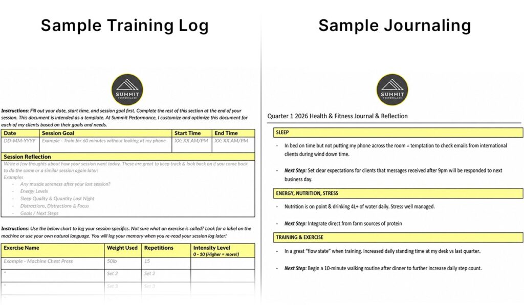 Sample training log and journaling
