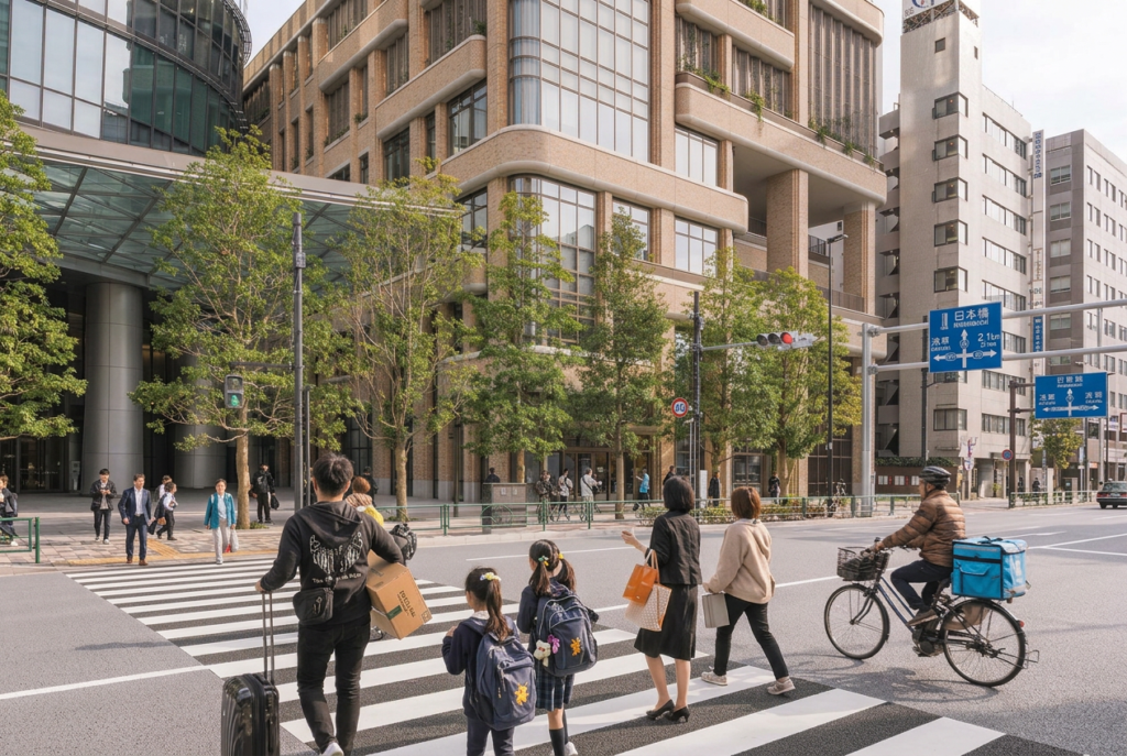 International residents and families crossing a street in central Tokyo, Japan