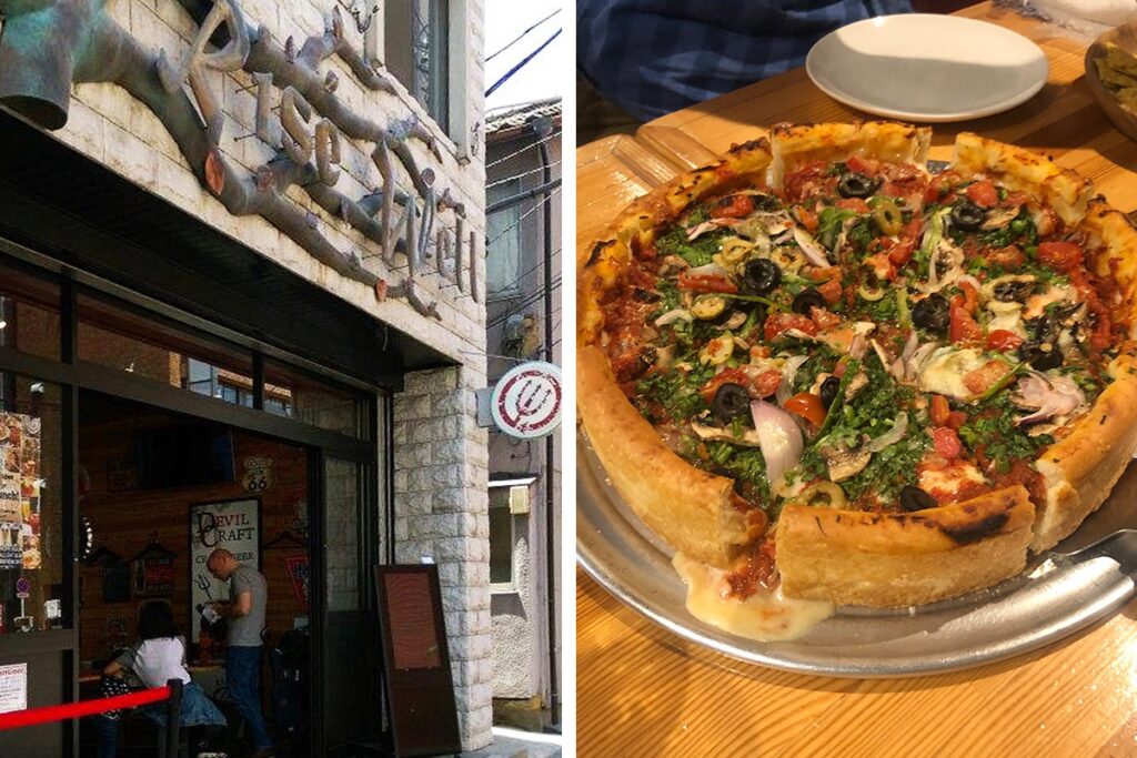 DevilCraft Hamamatsucho storefront and famous deep dish pizza