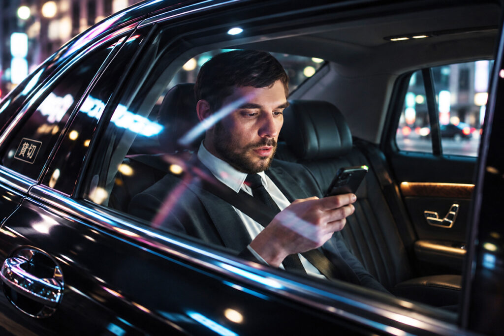 man on phone during a luxury limo taxi ride in Tokyo