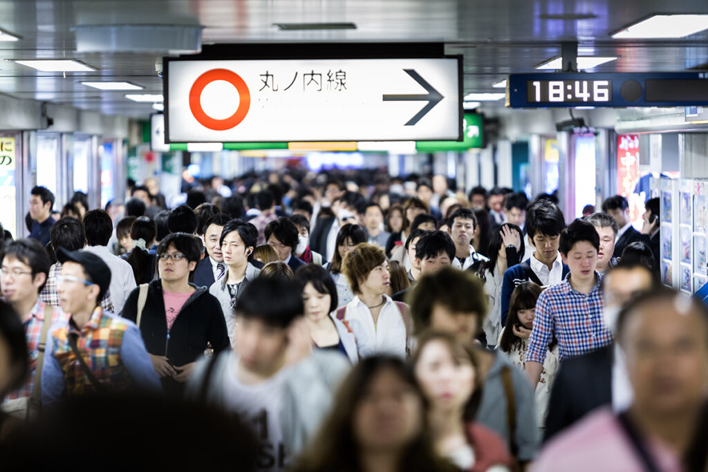 crowded Japanese subway station in Tokyo